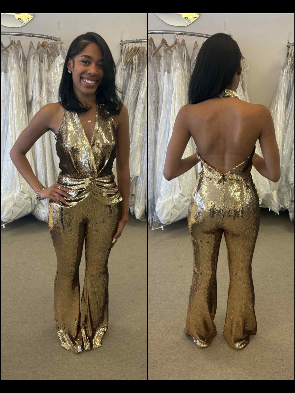 NADINE MERABI Gold Sequin Halter Backless Jumpsuit